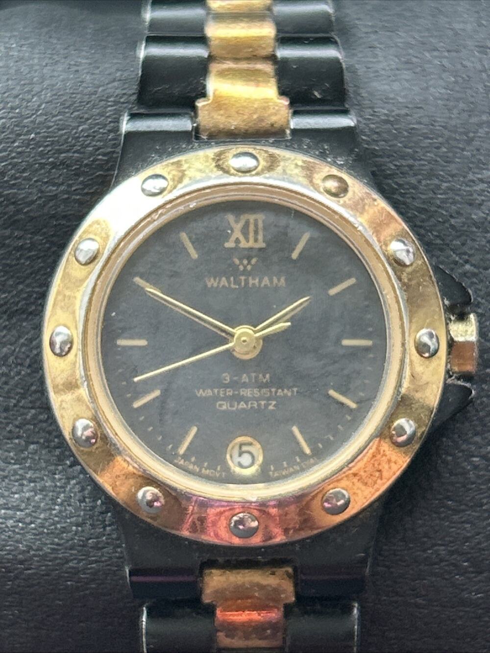 Vintage Waltham Black And Gold Tone Women’s Quartz Watch